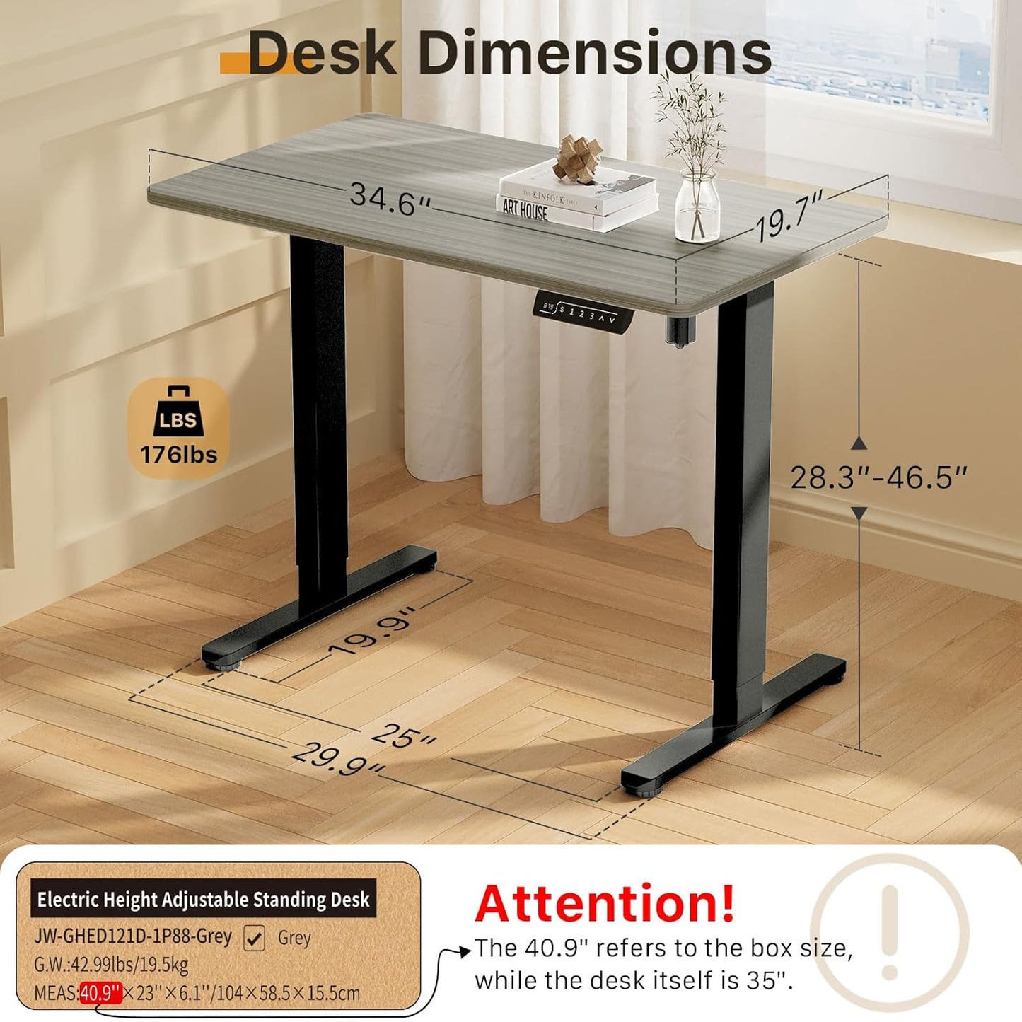 JOY worker Small Electric Standing Desk, 35" x 20" Whole Piece Height Adjustable Desk with Memory Controller, Grey Sit to Stand Desk Workstation for Home Office