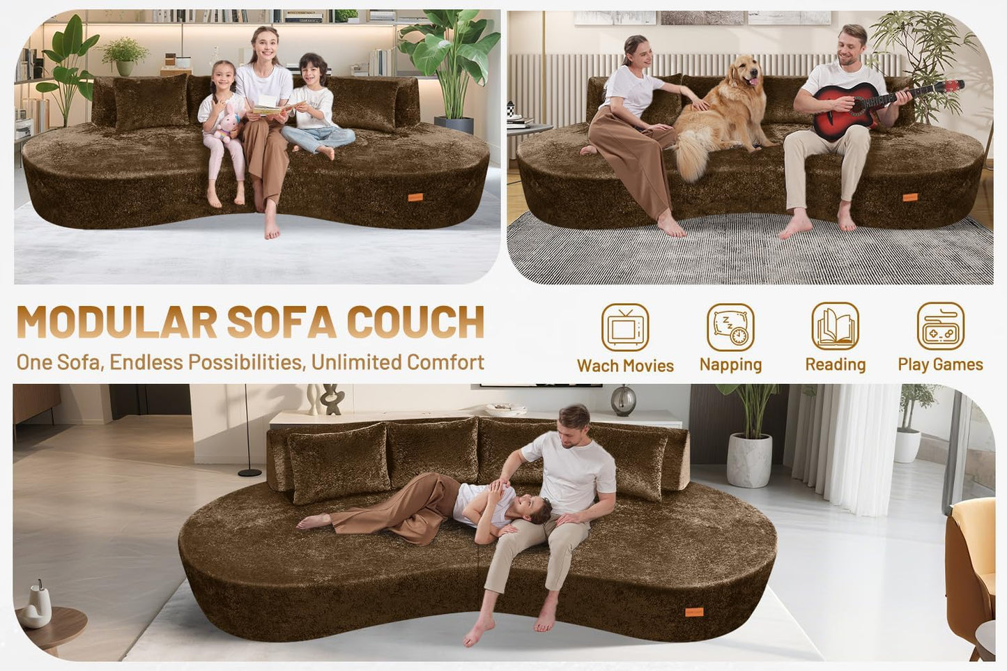 Homguava 104'' Modular Sectional Sofa,Curved Modern Sofa with Memory Foam,Deep Seat Cloud Couch with 4 Pillows,Upholstered Oversized Couches for Living Room Apartment Office,No Assembly Required,Brown