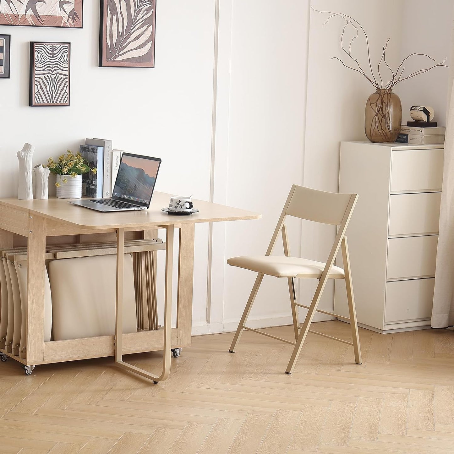 Folding Chairs with Cushion 2 Pack - Heavy Duty Steel Frame Foldable Dining Chairs, Waterproof Leather Indoor Outdoor Comfortable Folding Chairs for Home, Conference Rooms, Weddings, Events (Wood)