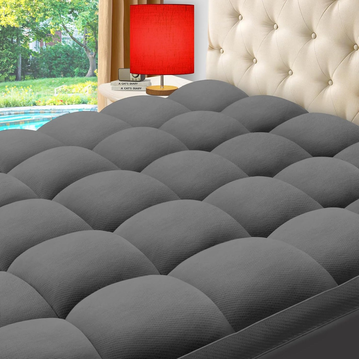 ELEMUSE King Grey Cooling Bamboo Viscose Mattress Topper for Back Pain, Extra Thick Mattress Pad Cover, Plush Soft Pillowtop with Elastic Deep Pocket, Overfilled Down Alternative Filling