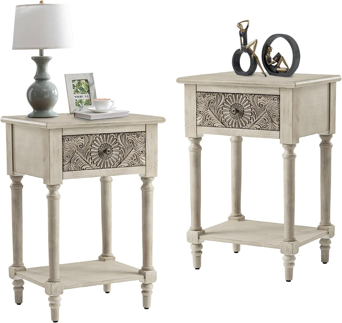 COSIEST 2 Pieces Vintage Nightstand, MDF 2-Tier Bedside Table, Wood Accent End Table with Storage Drawer and Open Display Shelf for Bedroom Living Room