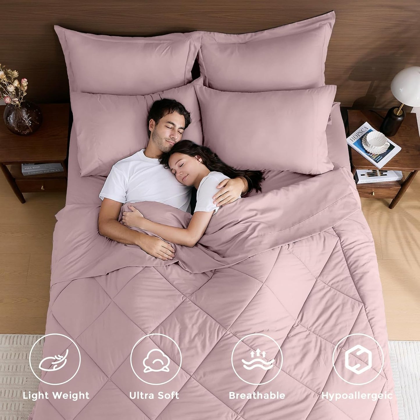 HEVUMYI Rose Gold Twin-XL Comforter Set - 5-Piece All Season Bed in a Bag Twin-XL, Ultra Soft Bedding Set with Comforter, Flat Sheet, Fitted Sheet, Pillowcases, Pillow Shams