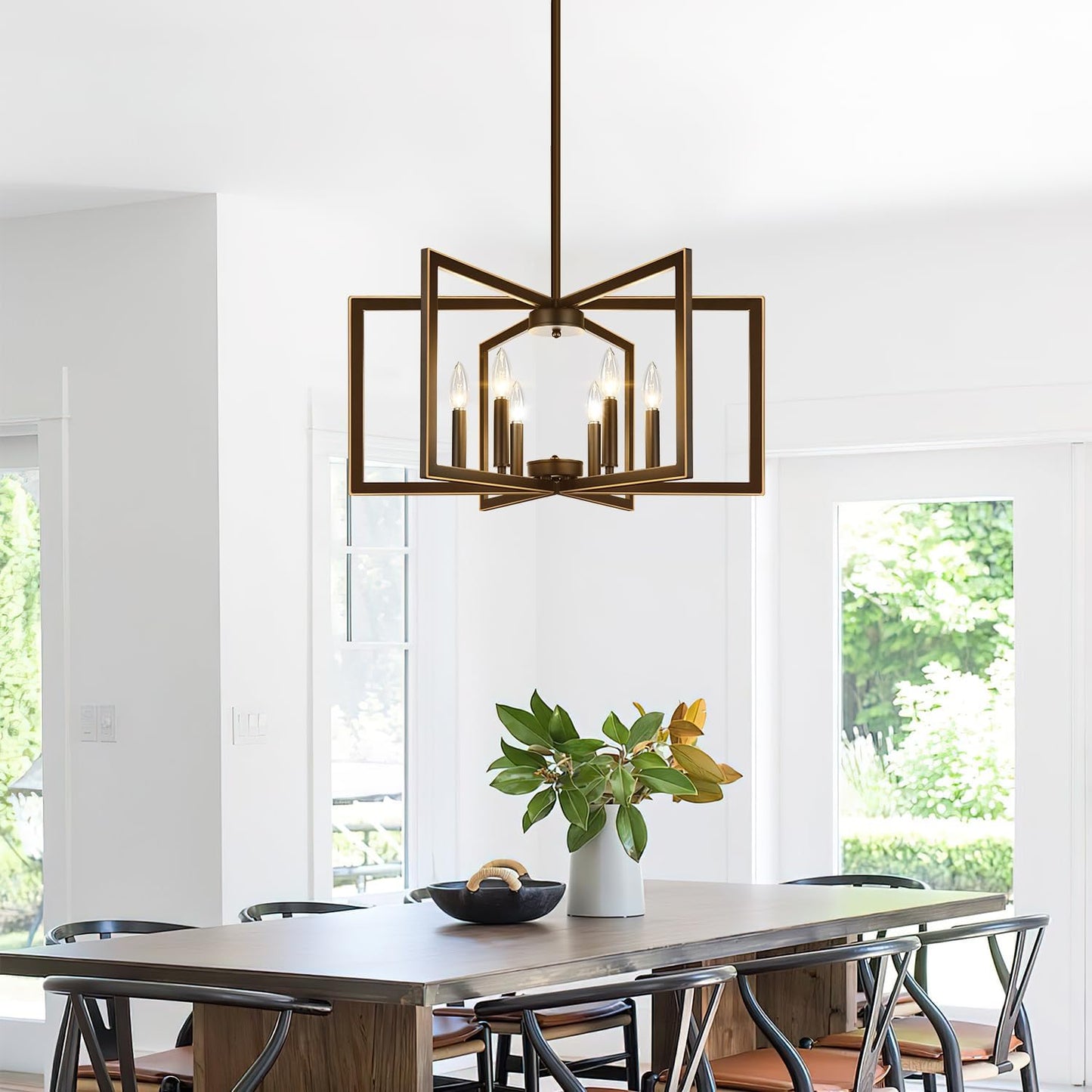 25" Modern Brown Chandelier for Dining Room (6-Light, 25-Inch), Geometric Brown Dining Room Light Fixture Over Table, Industrial Metal Hanging Pendant Lights for Kitchen Island, Entryway, Foyer
