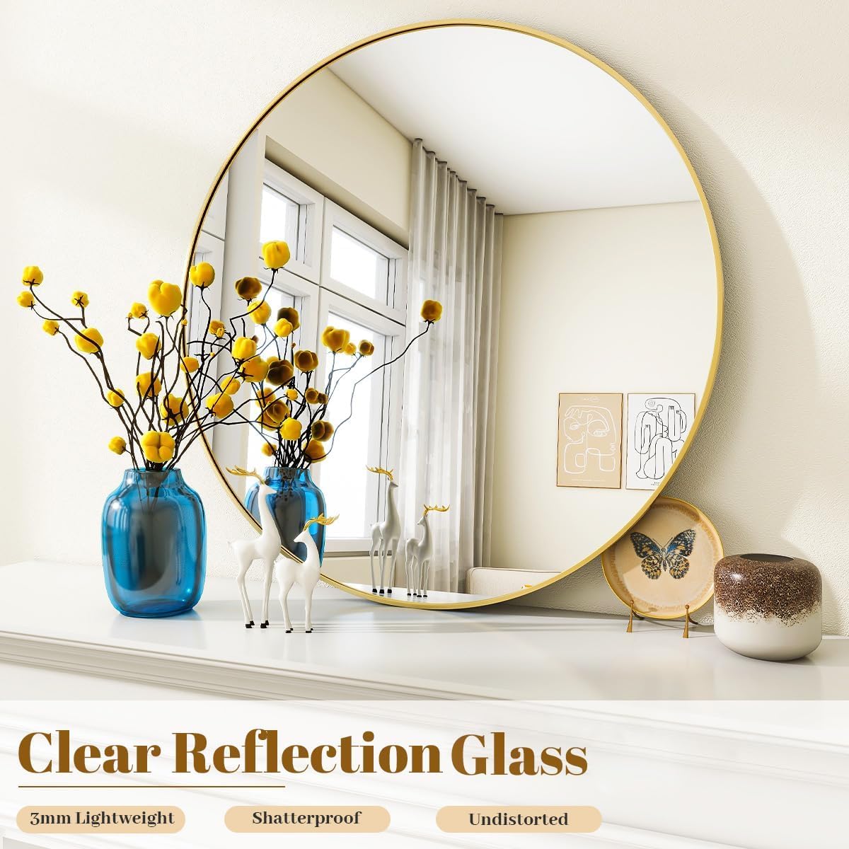 Gold Round Bathroom Mirror, 20 inch Circle Wall Mounted Hanging Mirror with Simple Modern Circular Metal Frame for Hallway, Entryway, Living Room, Gold Frame