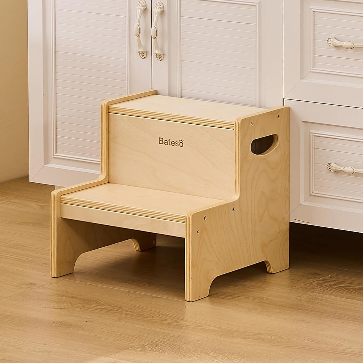 Step Stool for Kids, Wooden Toddler Step Stool with Non-Slip Mats for Bathroom Sink and Kitchen, Potty Training Stool with Handles for Toilet