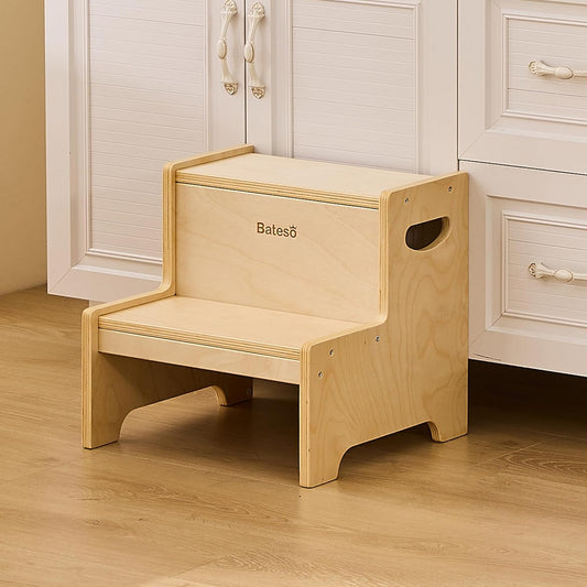 Step Stool for Kids, Wooden Toddler Step Stool with Non-Slip Mats for Bathroom Sink and Kitchen, Potty Training Stool with Handles for Toilet