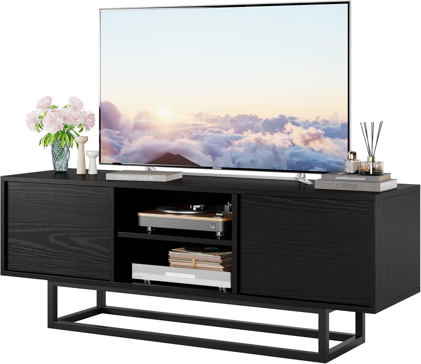 HAIOOU TV Stand for 50 55 Inch TV, Modern TV Console Small Entertainment Center with Sturdy Metal Base, Push-to-Open Doors and Soft-Close Hinges for Living Room, Bedroom - Wood Grain Black