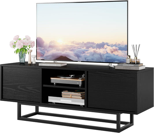 HAIOOU TV Stand for 50 55 Inch TV, Modern TV Console Small Entertainment Center with Sturdy Metal Base, Push-to-Open Doors and Soft-Close Hinges for Living Room, Bedroom - Wood Grain Black