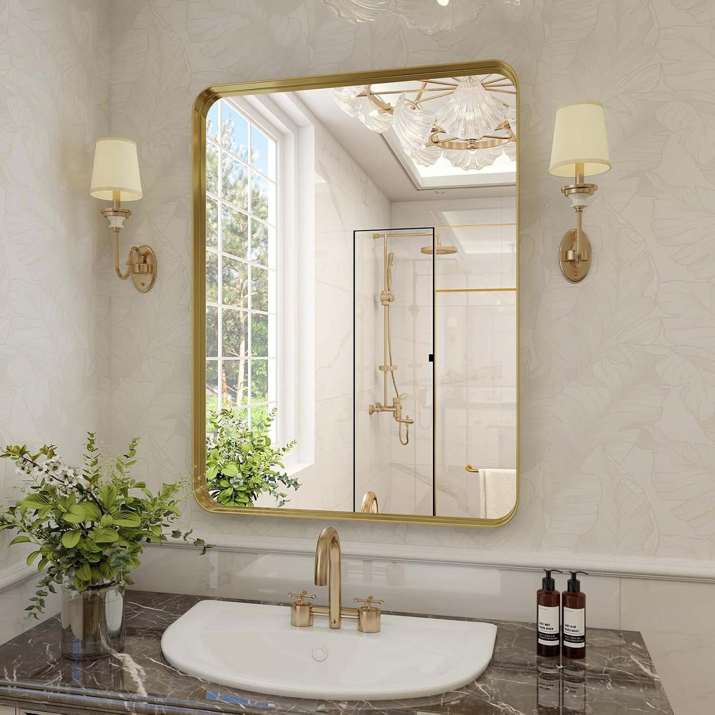 Bathroom Mirror 30x40 inch, Gold Gorgeous Deep Frame Wall Mirror, Modern Round Corner Bathroom Vanity Mirror for Bedroom, Living Room, Hanging or Leaning Horizontal or Vertical, Gold