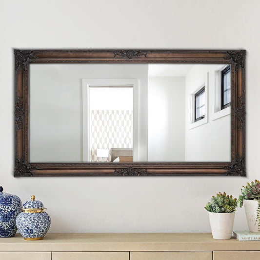 Large Bronze Mirror, 53''x29.5''Vintage Mirrors with Ornate Wooden Frame, Decorative Mirror for Living Room Dining Room Hallway, Horizontal/Vertical