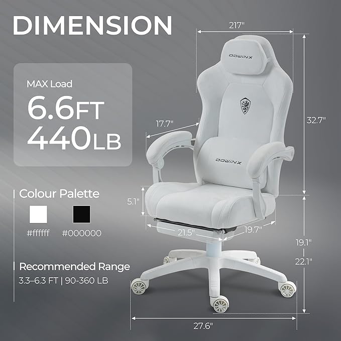 Dowinx Big and Tall Gaming Chair, Suede Fabric Game Chair with Pocket Spring Cushion, High Back Gamer Chair Ergonomic with Footrest for Adults Office, 440LBS, White