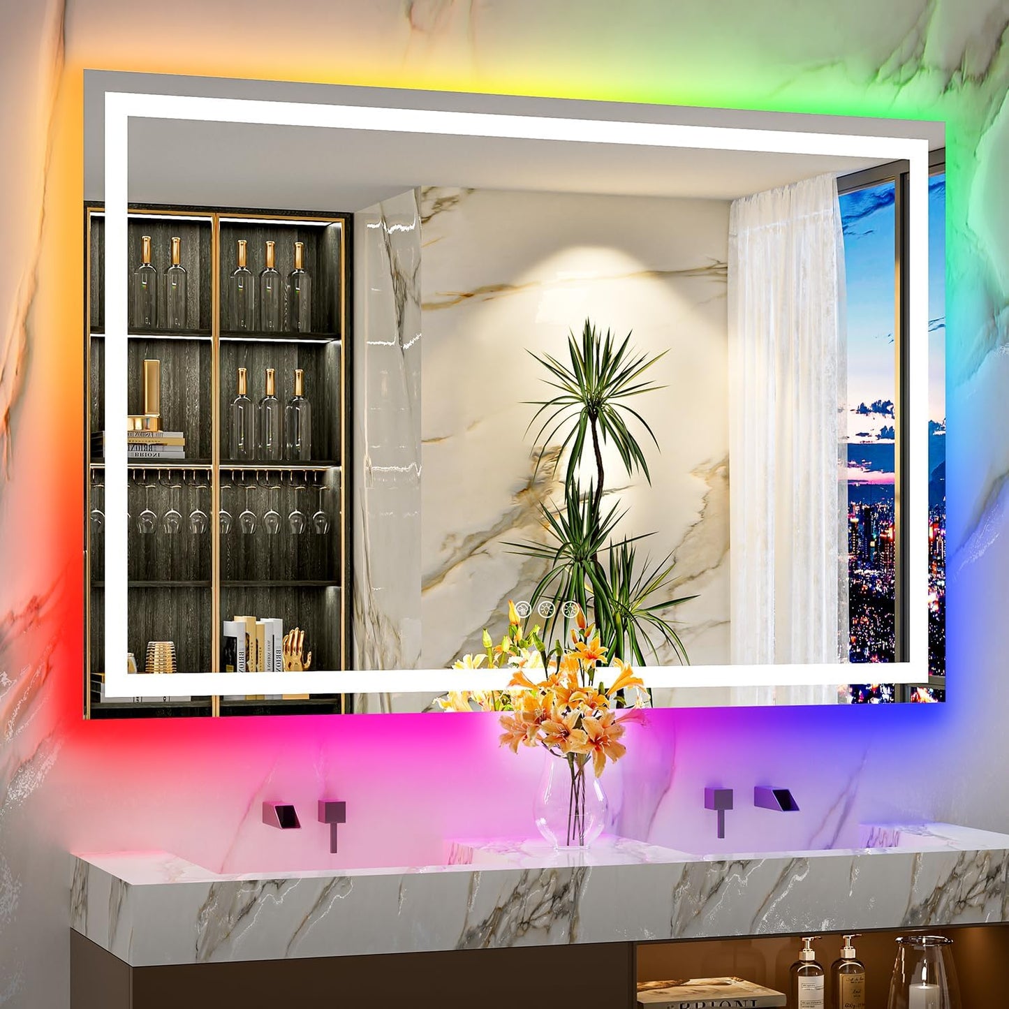 60x40 Inch RGB LED Bathroom Mirror Front Light and RGB Backlit Lighted Vanity Mirror for Bathroom Wall Mounted Dimmable Anti Fog Memory Shatter-Proof IP54 Waterproof Horizontal/Vertical