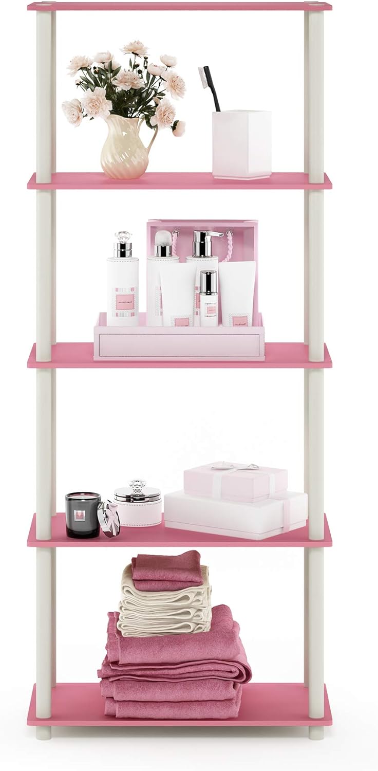 Furinno Turn-N-Tube Multipurpose Shelf / Display Rack / Storage Shelf / Bookshelf, 5-Tier Round Tube, Pink/White