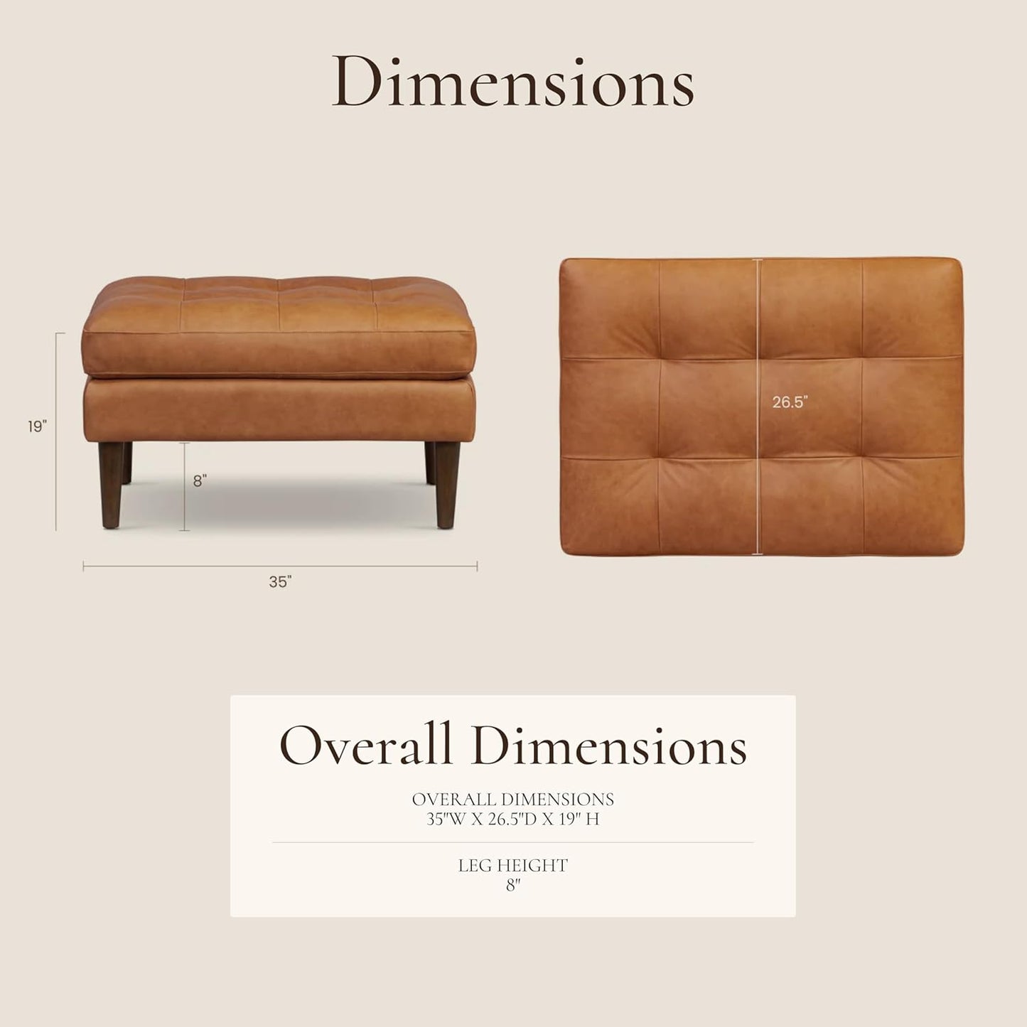 POLY & BARK Napa Ottoman - Full-Grain Leather Upholstered Ottoman with Feather-Down Topper - Couch for Living Room - Vintage Italian Leather in Cognac Tan