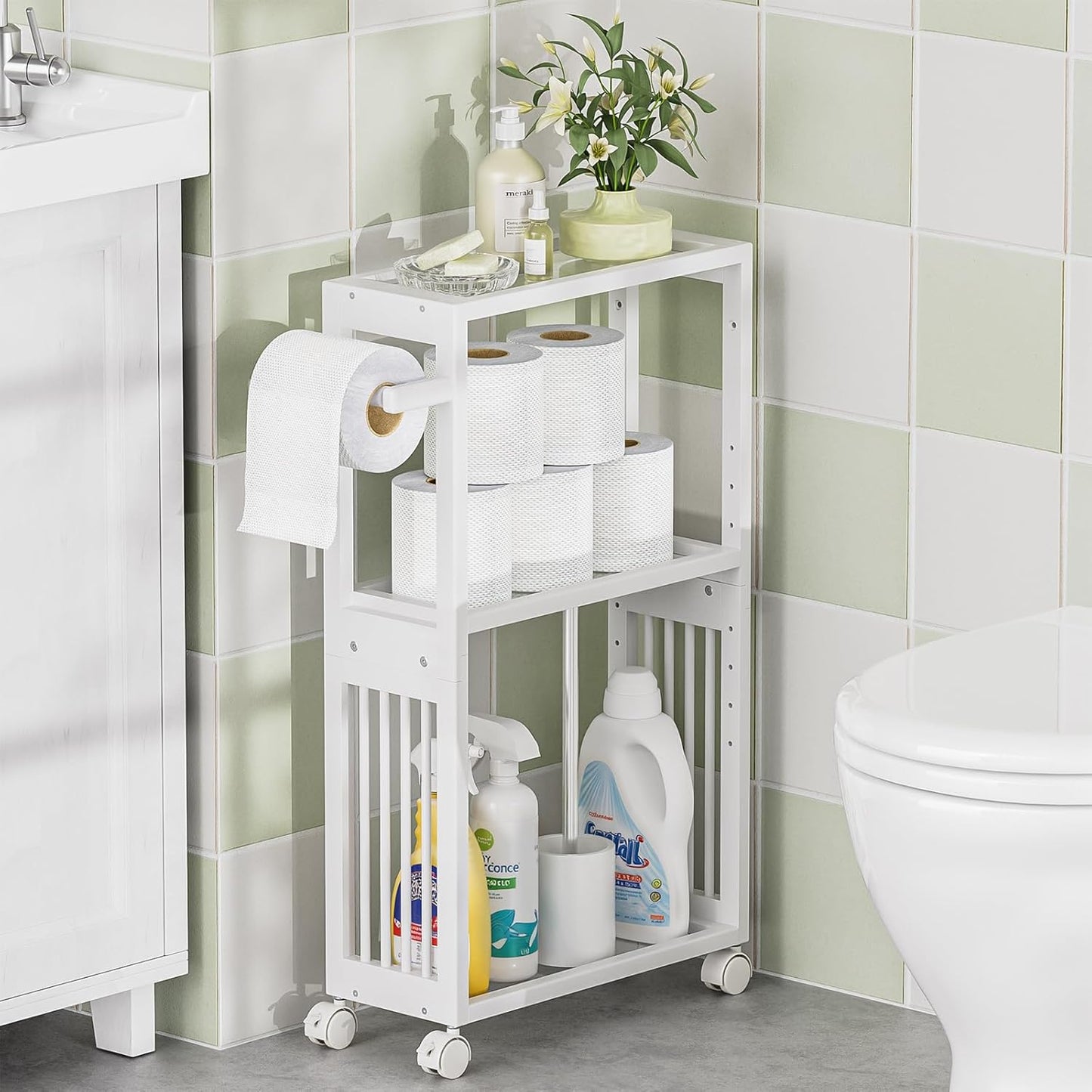 AmazerBath White Toilet Paper Holder Storage - 3 Tier Bamboo Mobile Storage Shelf, Small Bathroom Rolling Storage Cabinet Corner, Thin Shelf for Narrow Spaces on Wheels, Slim Bathroom Organizer, White