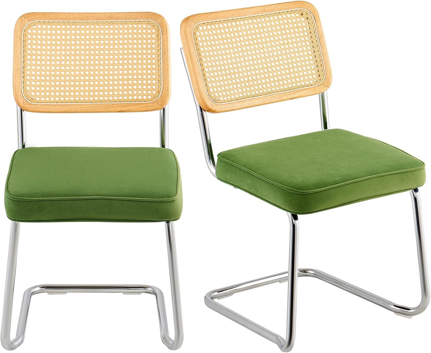 VEVOR Rattan Dining Chairs Set of 2, Mid Century Modern Dining Chair, Upholstered Velvet Accent Chair with Rattan Back, Retro Dining Room Kitchen Chair for Living Room, Bedroom (18.1 Inch)