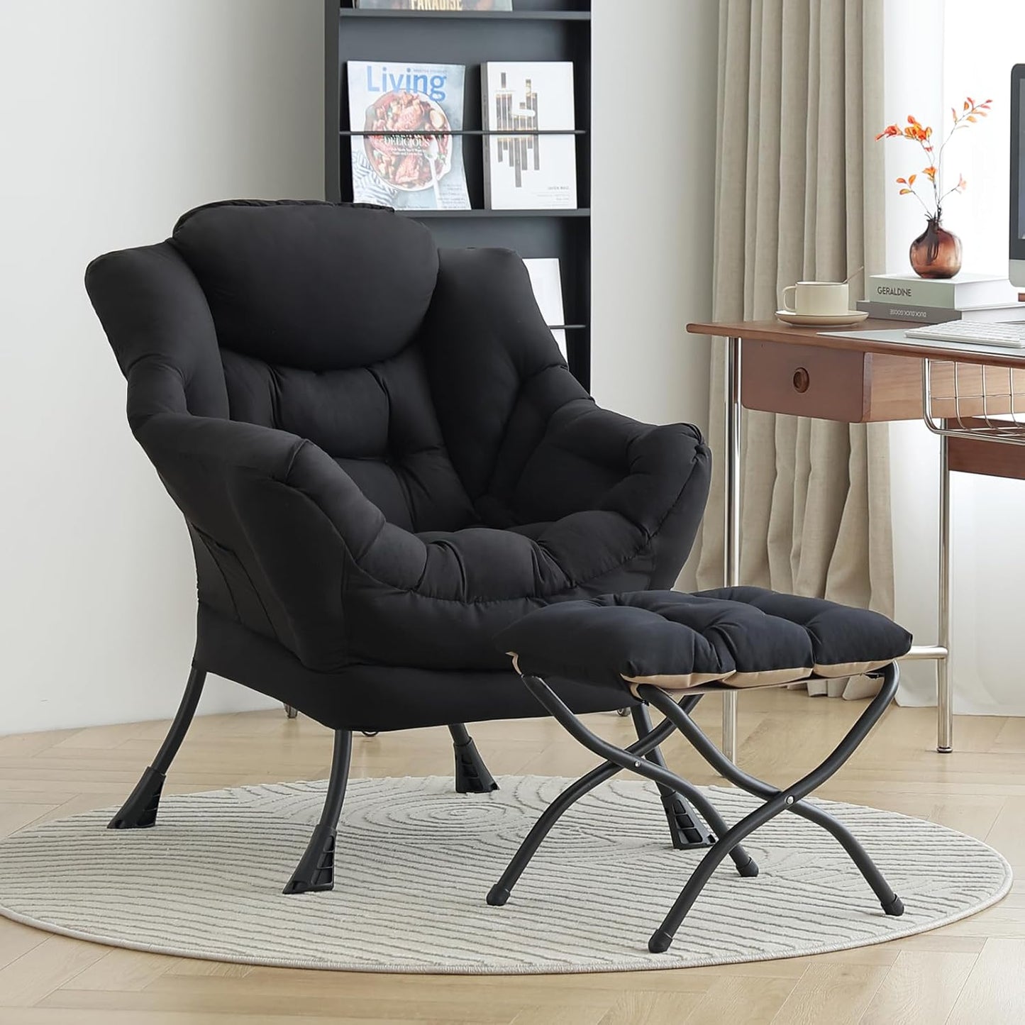LITA Lazy Chair With Ottoman, Modern Accent Leisure Upholstered Sofa, Contemporary Lounge Reading With Armrests and Side Pocket for Living Room, Bedroom & Small Space, Black