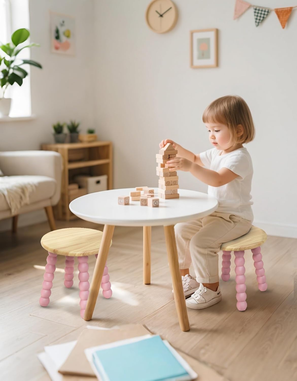 Masupu Solid Wooden Step Stool for Adults Kids, 11 inch Small Foot Stool, Non-Slip One Step Stool, Sturdy Foot Stool for Bathroom, Bedroom, Kichen, Plant Stand(Natural and Pink)