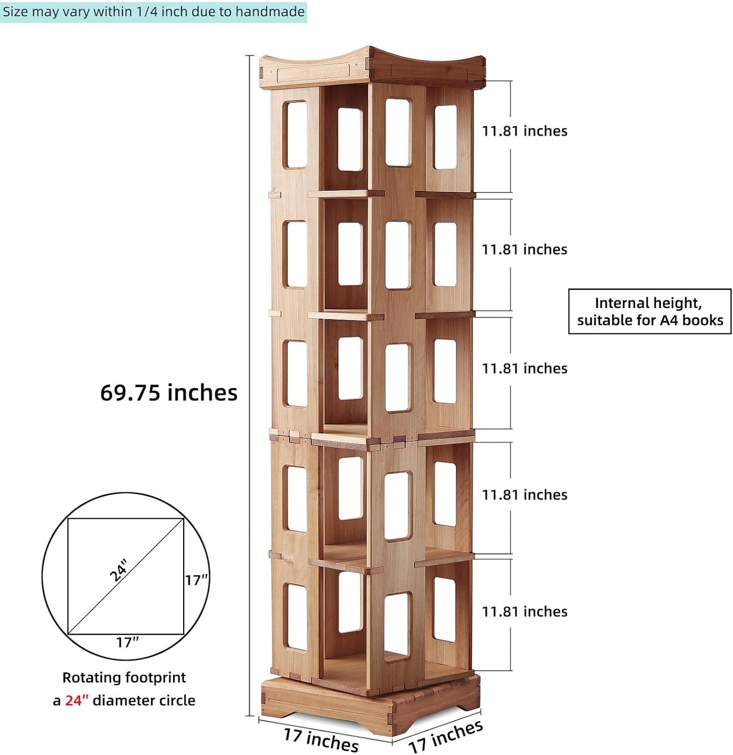 Wooden Rotating Bookshelf, Larger Solid Wood Revolving Bookcase,360°Spinning Book Shelf Tower,Floor Standing Storage Rack,Corner Organizer for Small Space,Study,Office,17"x17"x69.75"(5-Tier)