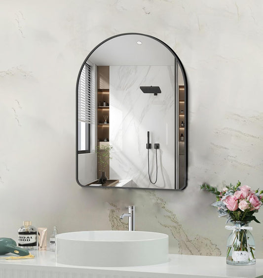 GLASHOM 20"x28" Black Arched Mirror for Bathroom, Wall Mounted Mirror, Aluminum Alloy Brushed Framed Wall Mirror, Anti-Rust, Large Mirror for Over Sink, Bedroom, Entryway Vertically Hanging