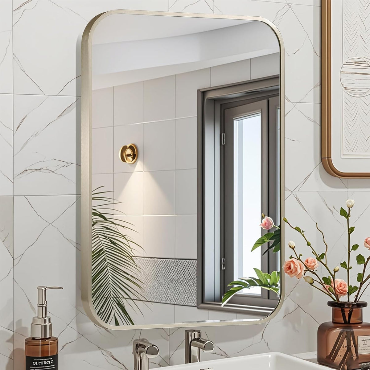 30x36 Inch Brushed Nickel Bathroom Mirror, Framed Rectangle Mirror with Rounded Corner, Brushed Mirror, Silver Bathroom Mirror for Over Sink, Vanity, Living Room, Bedroom, Horizontal/Vertical