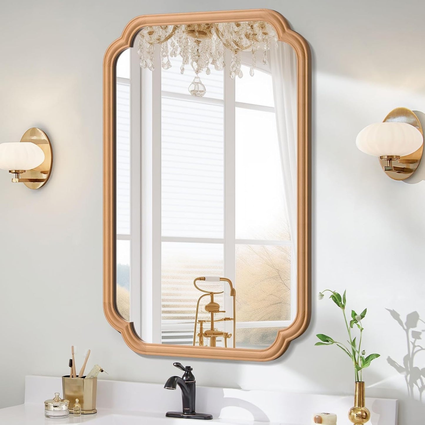 Wood Bathroom Mirror for Wall Mounted, 24" x 36" Rustic Bathroom Mirror for Over Sink with Wood Frame Farmhouse Rounded Corner Rectangle Mirror Decorative(Natural Color)