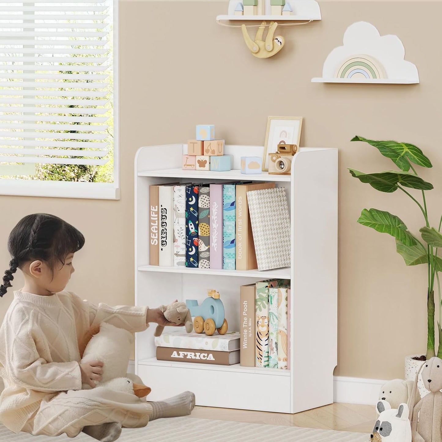 Lkeiyay Montessori Shelf,3-Shelf Toy Storage Organizer,Wooden Storage Cabinet for Kids Room, Nursery, Playroom Daycare Furniture (White