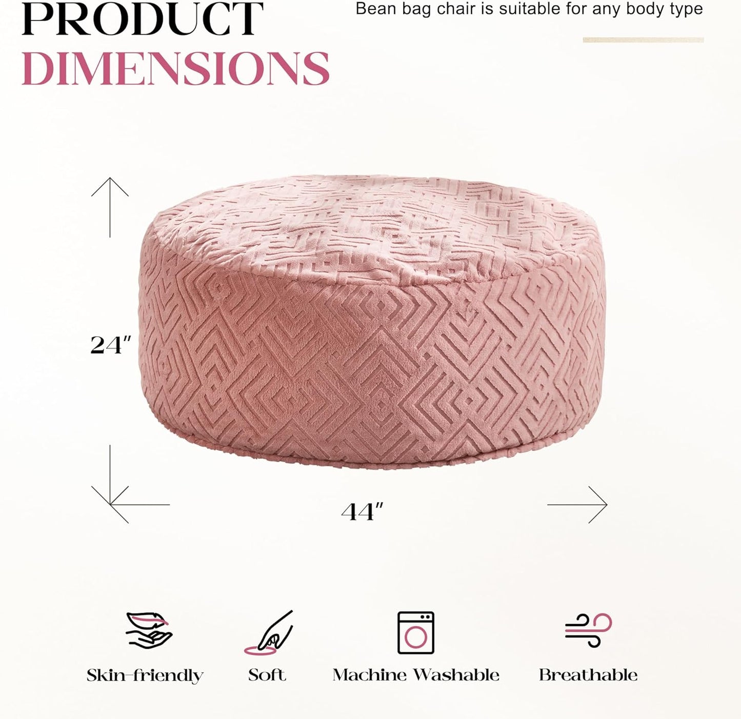 Hobestluk Bean Bag Chairs Adults Beanbag Chair with Filler Large Bean Bags with Fluffy Embossed Cover, Giant Bean Bag Chairs for Adults (Pink, 4FT - 44” x 44” x 24”)