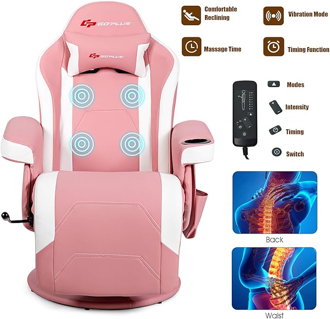 POWERSTONE Gaming Recliner Massage Gaming Chair with Cup Holder Ergonomic PU Leather Single Sofa with Footrest and Side Pouch, Adjustable Living Room Chair Home Theater Seating (Pink)