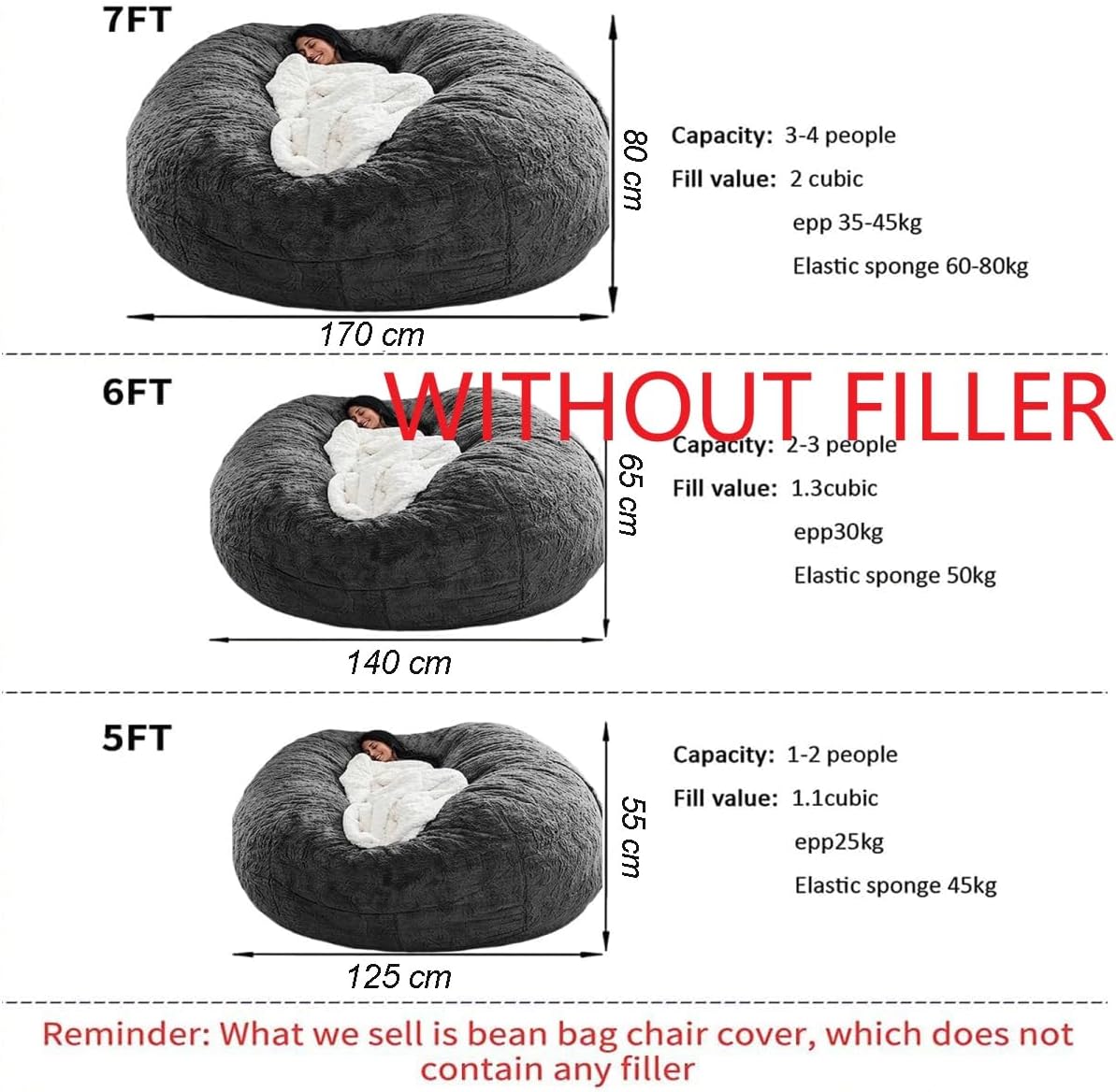 Bean Bag Chair for Adults Kids Without Filling Comfy Fluffy Giant Round Beanbag Lazy Sofa Cover for Reading Chair Floor Chair, 6FT, Grey