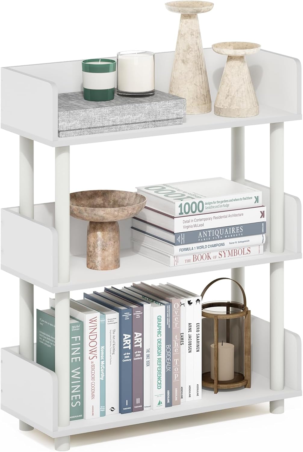 Furinno Turn-N-Tube 3-Tier Multipurposes Display Rack, Open Shelf Rack/Storage with Back & Side Panel, White/White