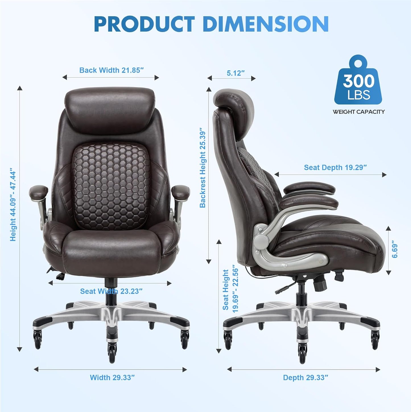 COLAMY Office Ergonomic Desk High Back Executive Chair with Pop-Out Lumbar Support, Upgraded Casters, Adjustable Headrest, Flip-Up Arms, Leather Home with Thick Cushion for Comfort - Brown