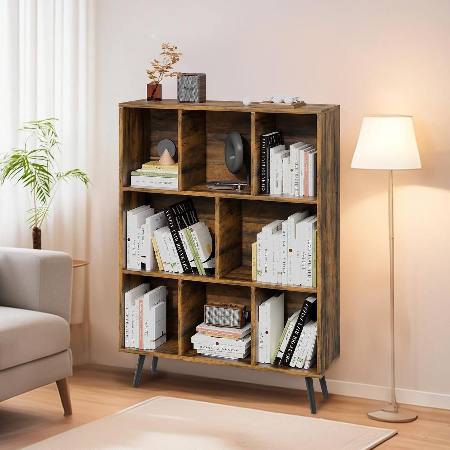 8 Cube Bookshelf 3 Tier Mid-Century Rustic Brown Modern Bookcase with Legs,Retro Wood Book Shelf Storage Organizer Shelf,Freestanding Organizer Display Shelf for Bedroom,Living Room,Office