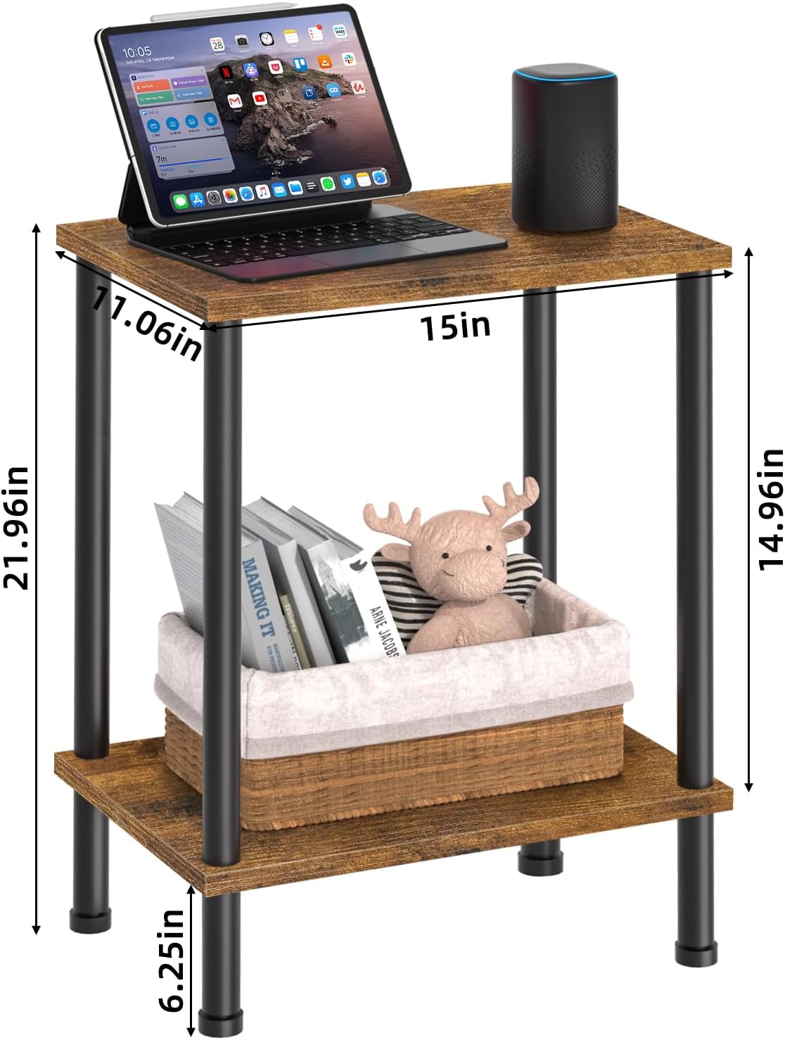 End Table,Small Side Table,2-Tier Nightstand with Storage Shelf,Sofa Bedside Table for Small Spaces in Living Room,Bedroom, Office,Stable Frame,Easy Assembly,Rustic Brown