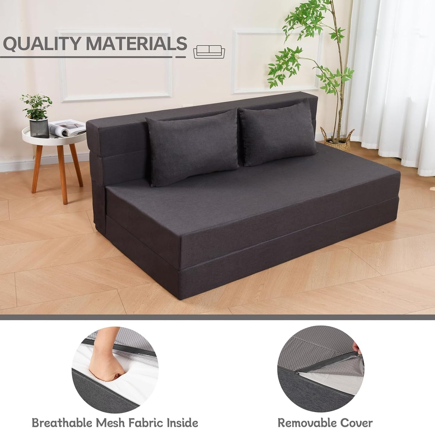 Folding Sofa Bed, Foldable Bed Sleeper Chair with Pillow, Convertible Sofa Bed with Washable Cover, Fold Out Couch,Futon Couch for Living Room, Dorm, Guest Room, Queen Size, Dark Grey