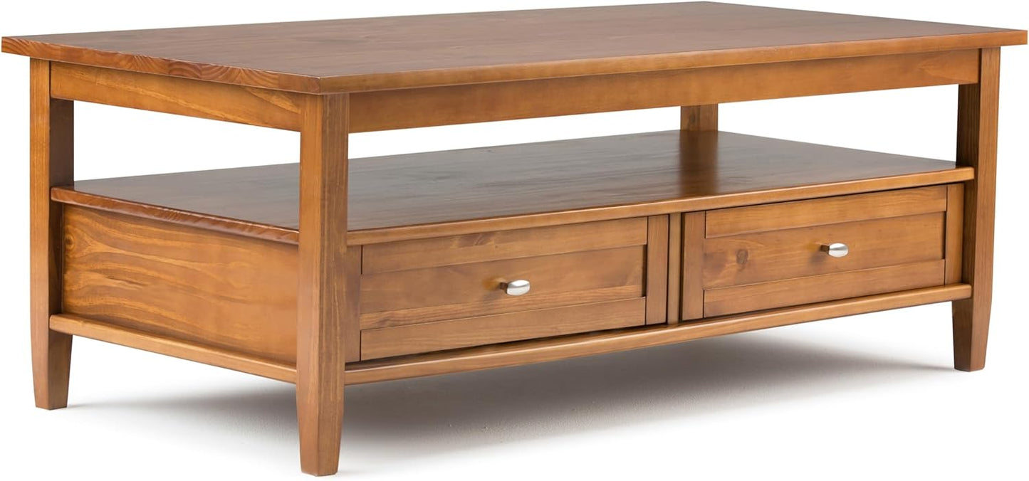 SIMPLIHOME Warm Shaker Coffee Table - 48 inch Wide Solid Wood Cocktail Table in Light Golden Brown, Transitional Living Room Table with 2 Storage Drawers and Open Shelf for Sitting Area or Lounge