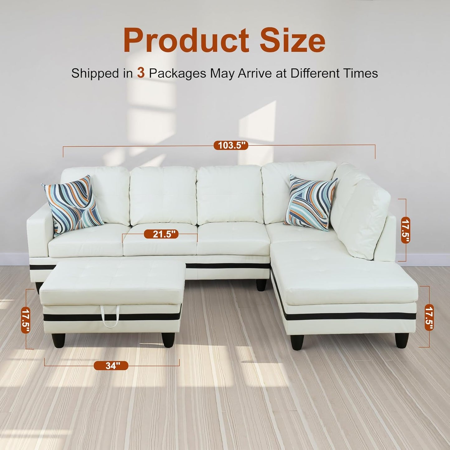 Osparple L Shaped Couch PU Leather Sectional Couch Upholstered 3 Pieces Sofas for Living Room with Chaise, Ottoman with Storage for Office and Small Apartment, Black and White