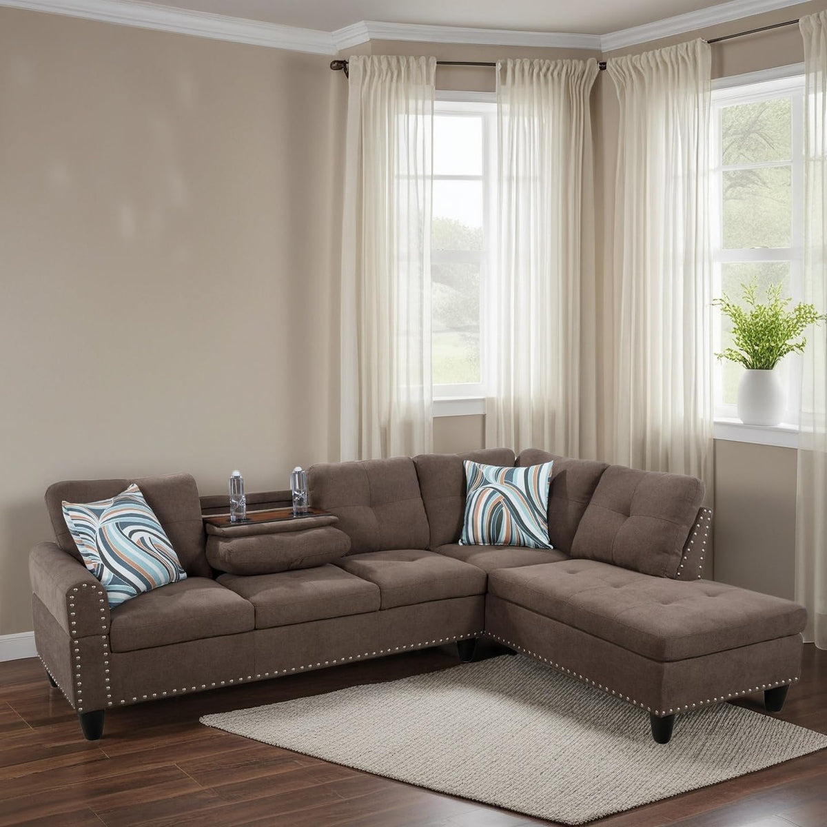 L-Shaped Sectional Sofa, Modern Sectional Couches Home Sofas for Living Room with Movable Chaise, Modular Living Room Sets Furniture for Apartment Bedroom & Office, Brown