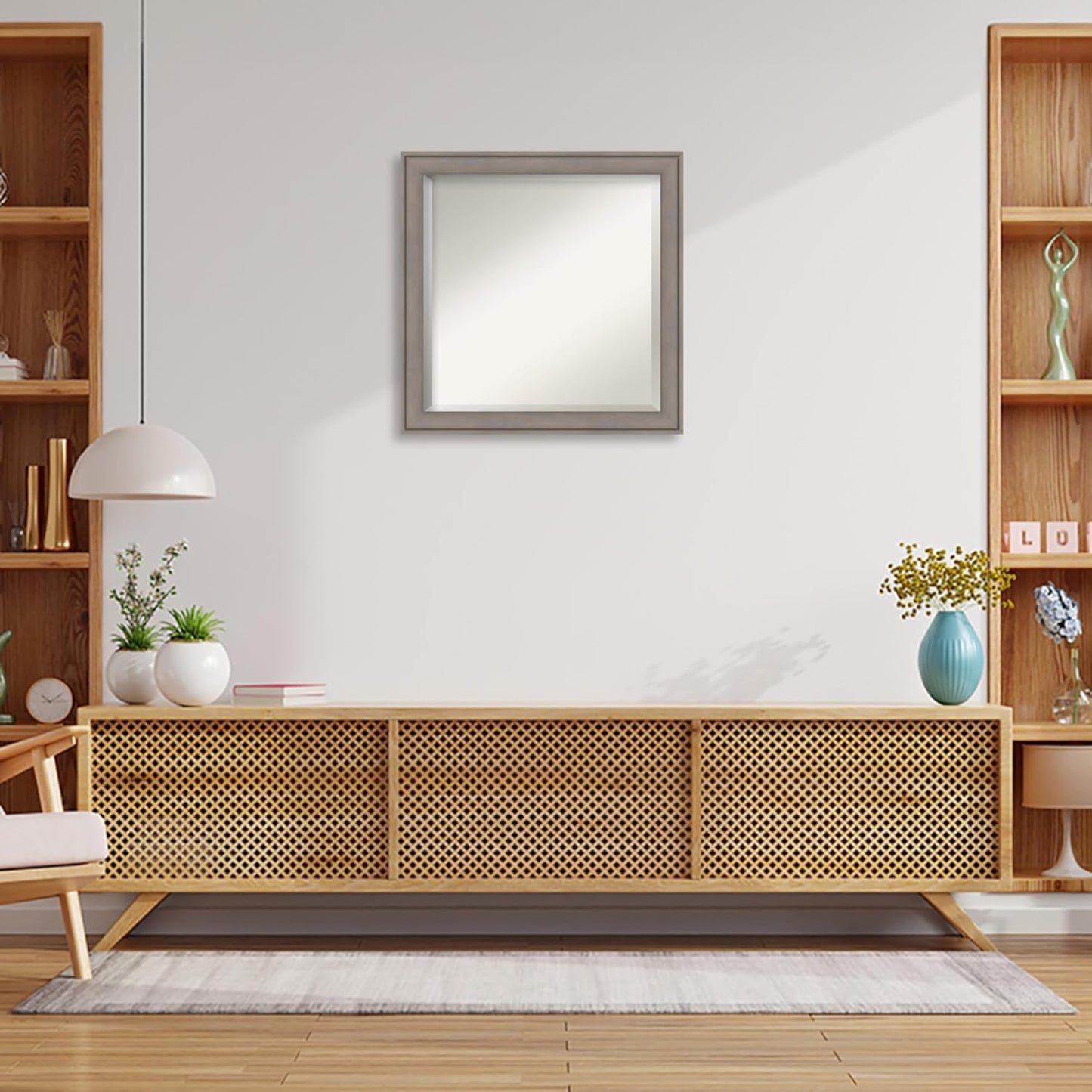 Amanti Art Grey Wall Mirror 24x24 Greywash Square Bathroom Mirror for Wall Decor Living Room, Medium Country Rustic Wood Frame, Hangs Horizonally and Vertically, Bathroom Decor, Beveled Edge