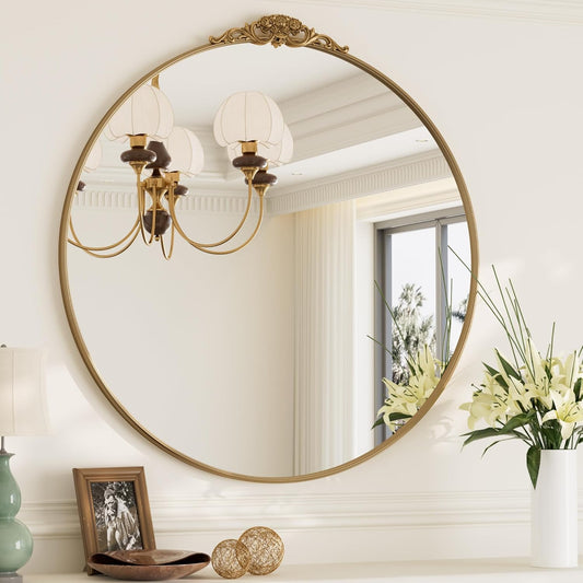 TokeShimi 36x36 Vintage Round Mirror for Wall,Metal Frame,Antique Mirror for Entryway,Hallway,Mantel,Wall-Mounted French Cleat Mounting