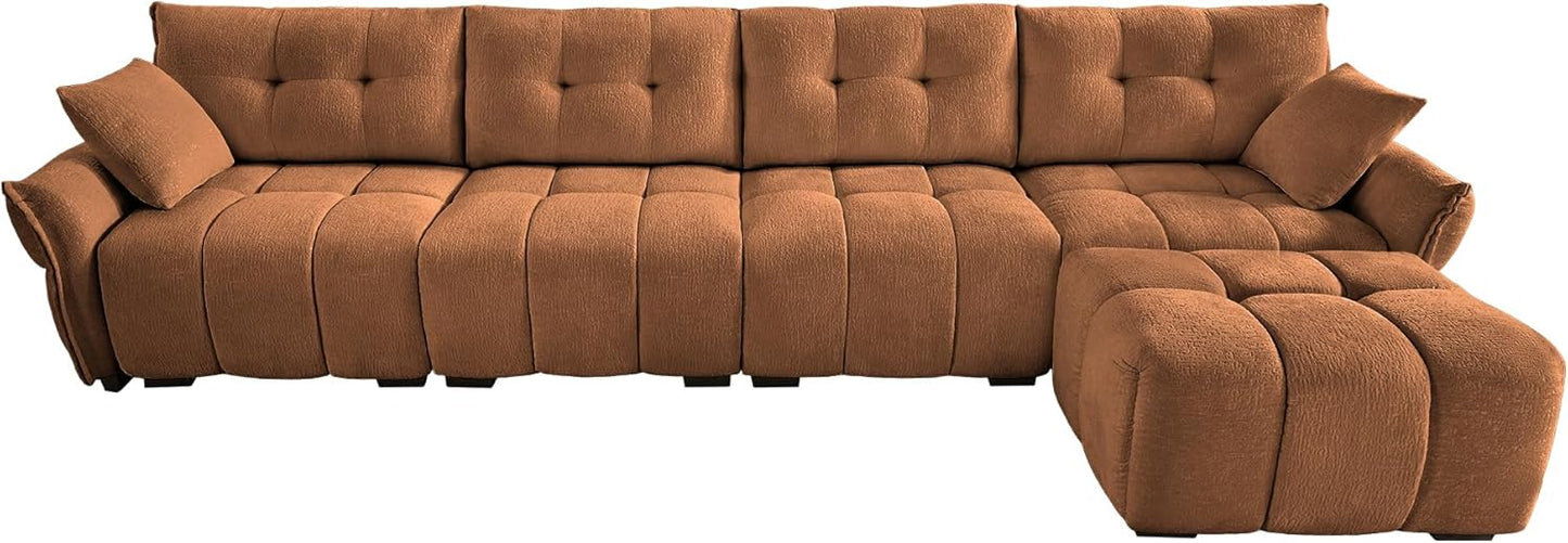 Modern Chenille Fabric 4-Seat Sofa w/Ottoman+2 Pillows, Premium Upholstery Living Room Couch with Tufted Backrest & Comfortable Armrests and High-Resilience Memory Foam Cushions,Orange