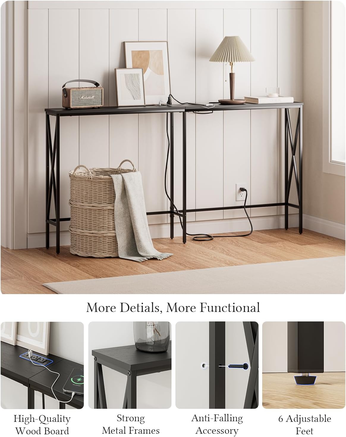 Masupu 63" Console Table with Power Outlet, Modern Narrow Long Sofa Table Behind Couch, Skinny Entry Table, Industrial Sofa Table with Metal Frame for Hallway, Living Room, Classic Black