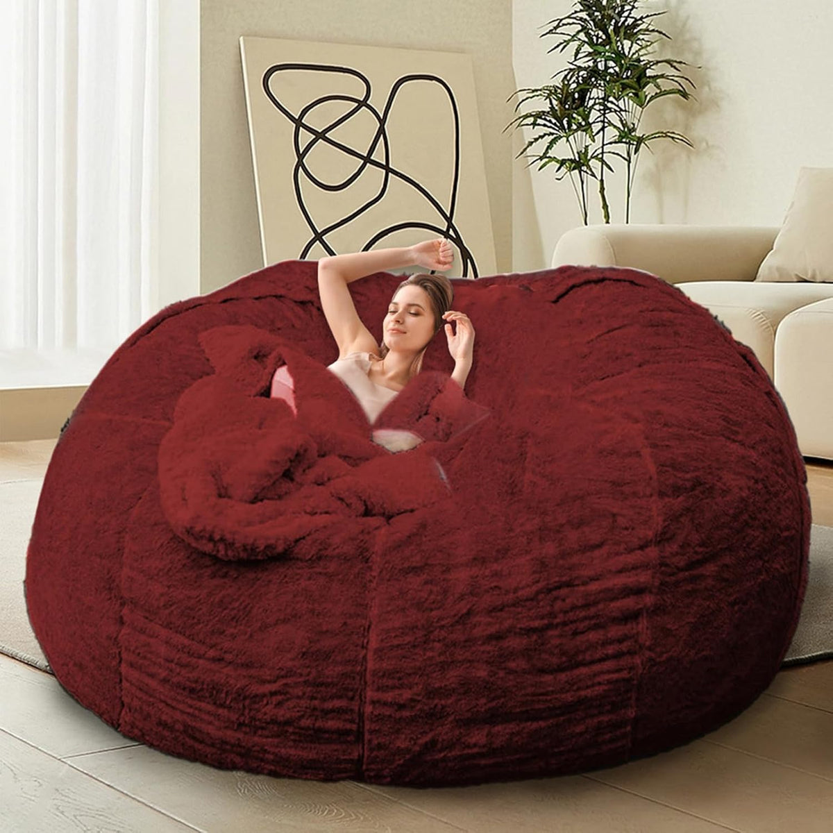 Bean Bag Chair for Adults Kids Without Filling Comfy Oversized Round Lounge Chair Bean Bag for Stuffed Animal Storage Bedroom Living Room Chairs, 5FT, Red Wine
