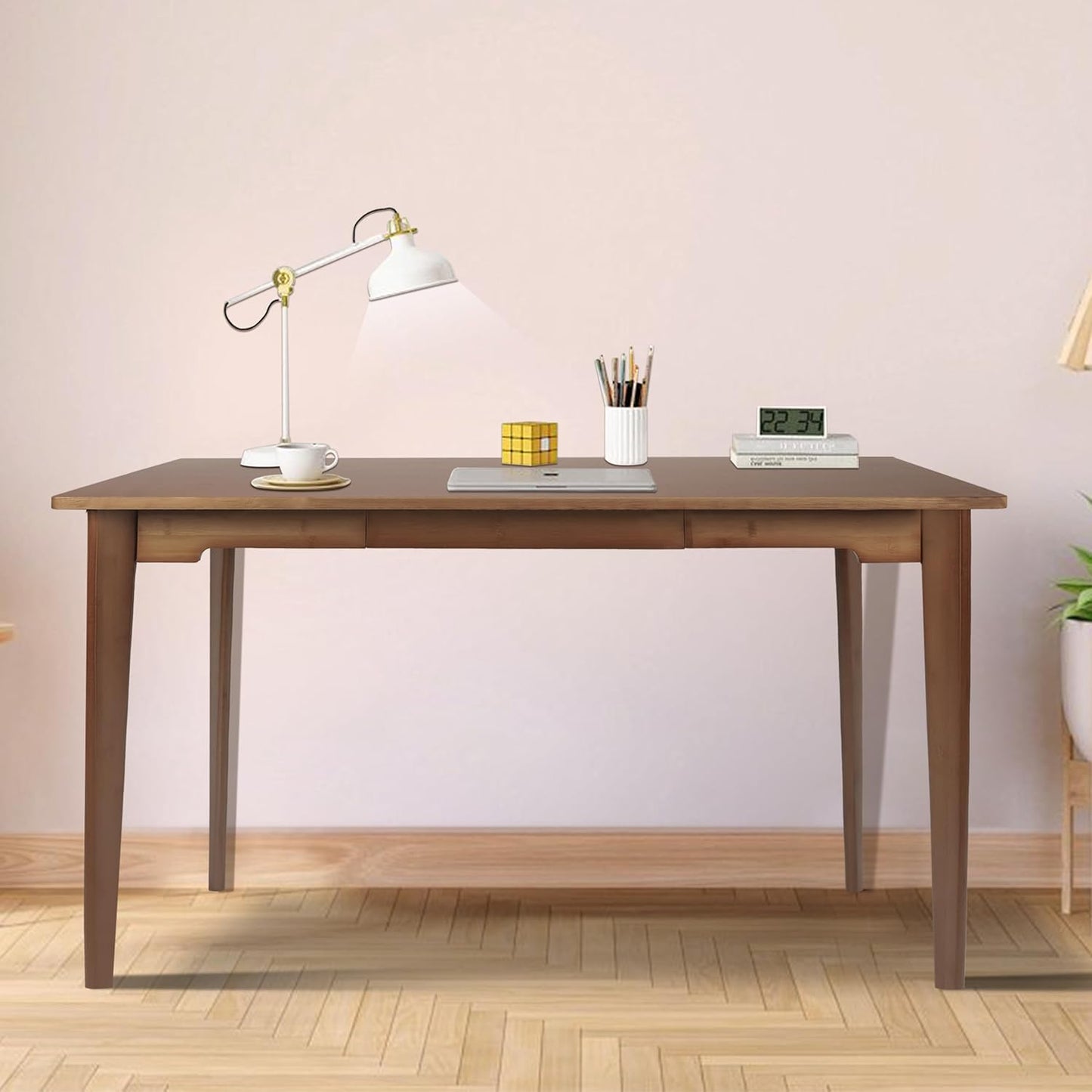 47" Bamboo Computer Desk Study Desk Home Office Desk Writing Table with Drawer, Modern Study Solid Bamboo Multipurpose Table, for Living Room, Bedroom, Walnut Color