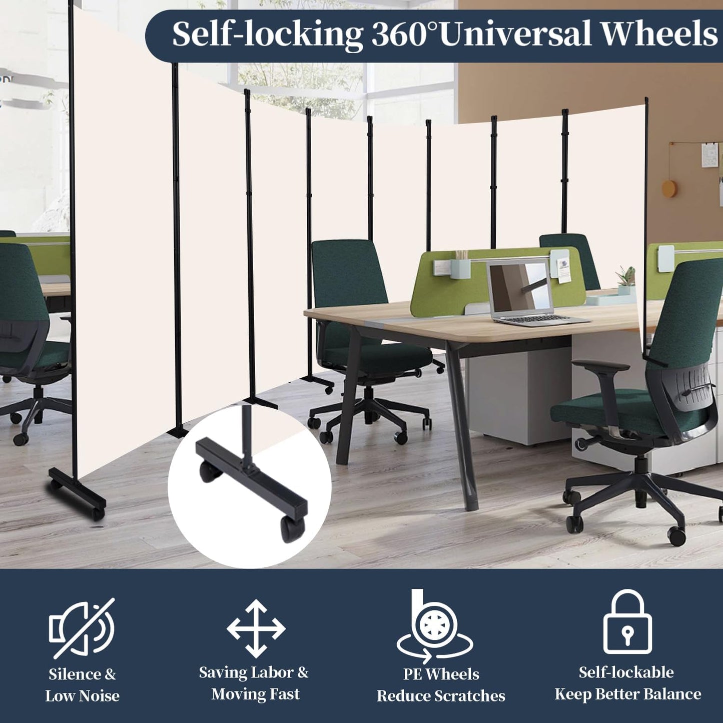 Room Divider Folding Privacy Screens with Lockable Wheels, 176'' Fabric Partition Room Dividers Freestanding Room Divider Panel for Room Separation, Wall Divider for Home Office Bedroom Studio Decor