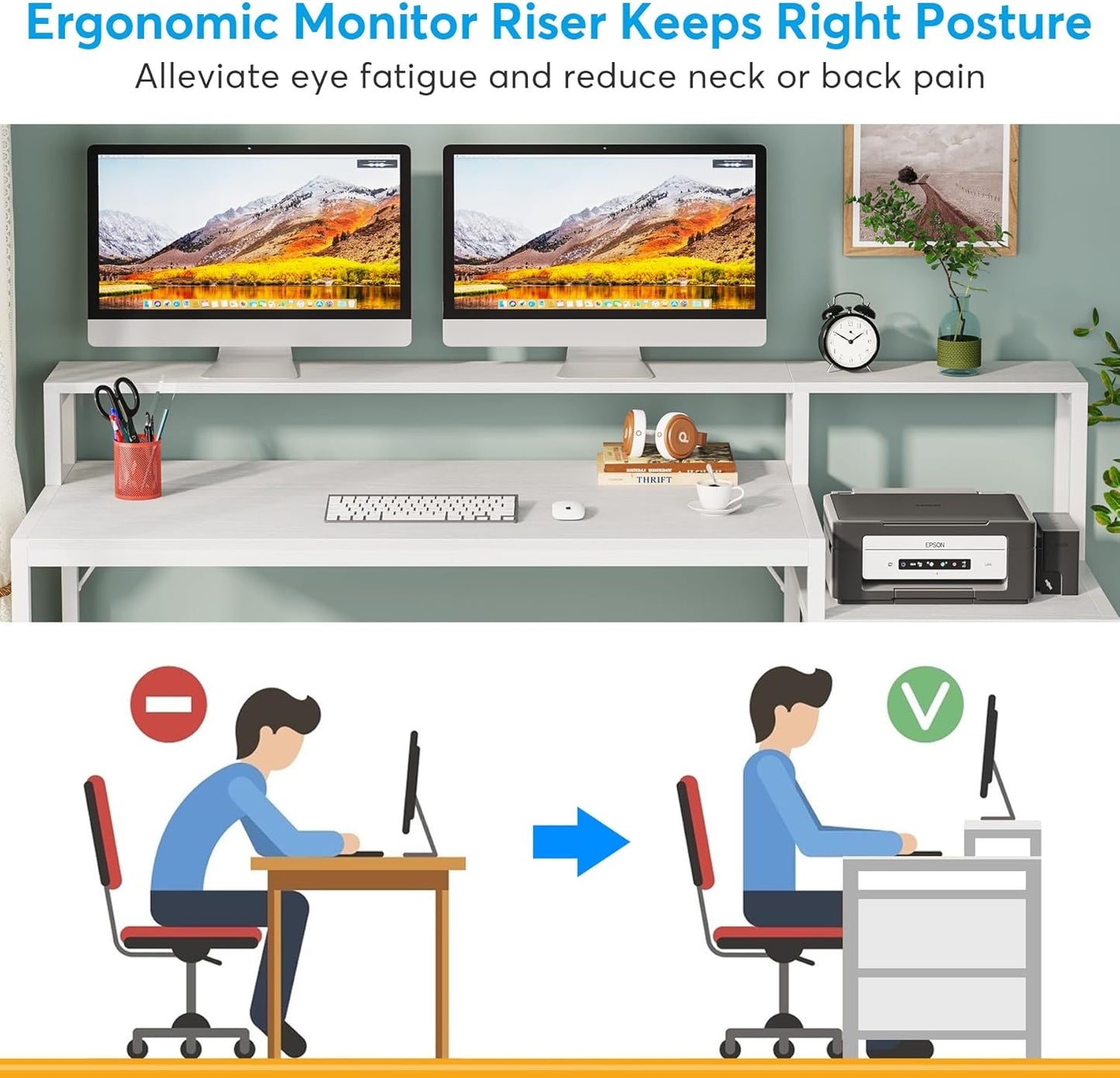 Tribesigns 63 Inch Computer Desk with File Drawer Cabinet, Ergonomic Office Desk with Monitor Stand, Computer Table with Printer Space, Wood PC Table Workstation Desk for Home Office, White