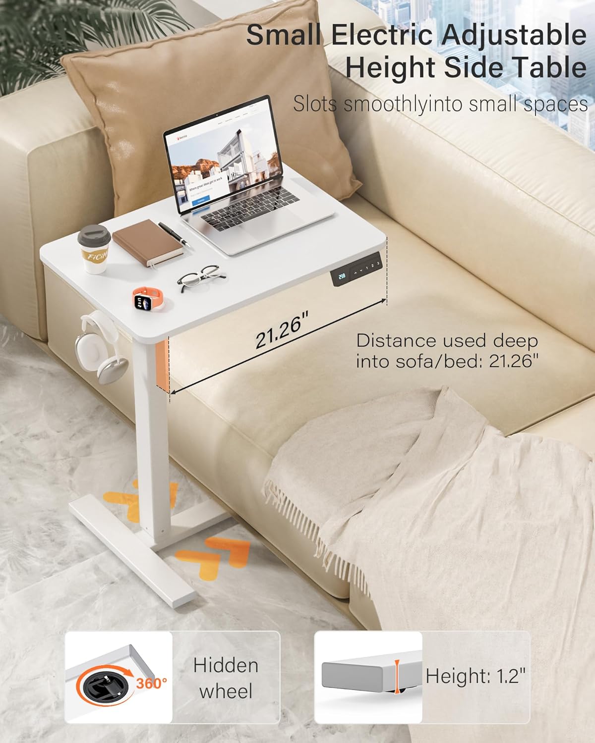 Small Mobile Standing Desk with Wheels, Electric Height Adjustable Portable Rolling Computer Cart, Movable Sit Stand Laptop Table for Sofa, Bedside, Home Office Workstation (27.6", White)