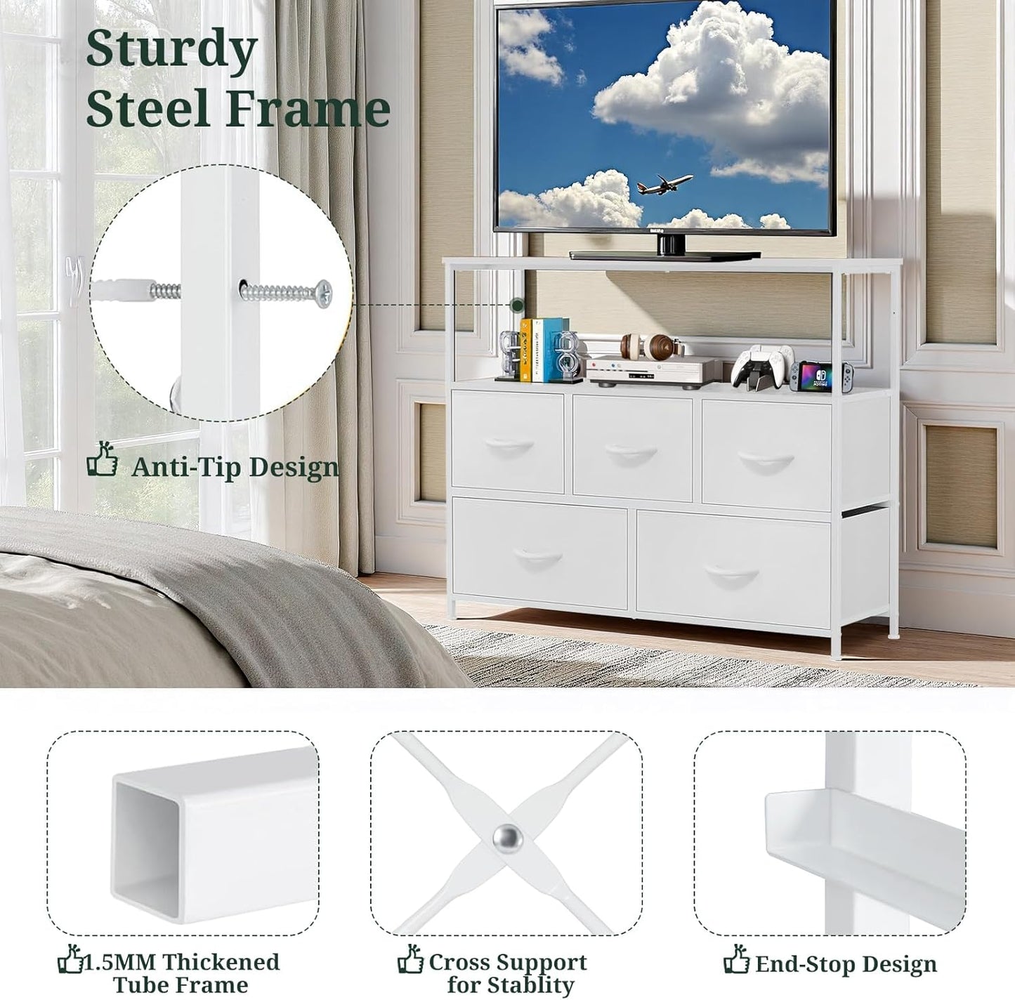 TV Stand, 5 Fabric Drawers Dresser Entertainment Center for TV up to 45 inch Wooden Media Console Table Storage Organizer with Open Shelf, for Living Room, Bedroom, or Small Space, White