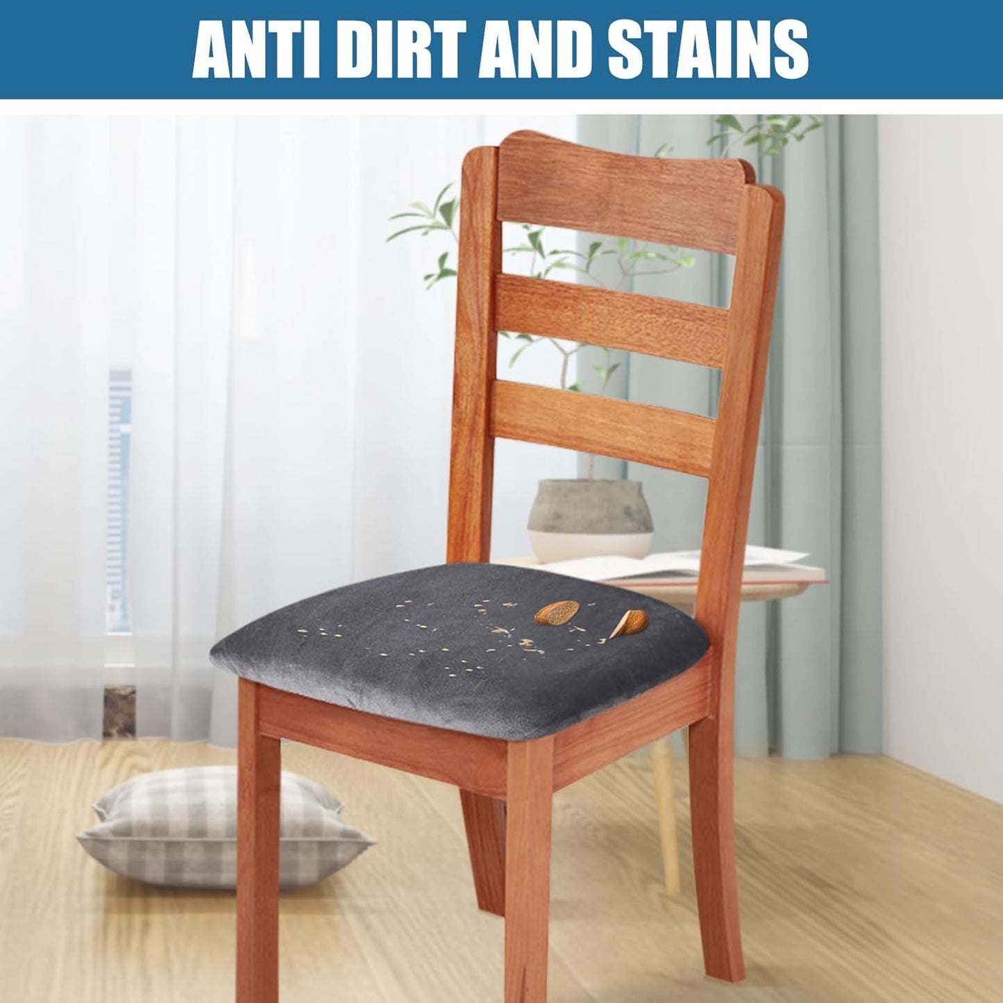 Smiry Velvet Seat Covers for Dining Room Chair Set of 6, Stretch Fit Removable Washable Chair Seat Cushion Protector Slipcovers with Ties, Grey