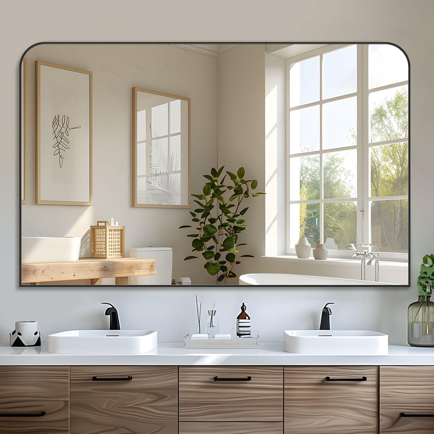 Bathroom Mirror, Wall Mirrors, Black Metal Framed Wall-Mounted Mirrors, Bathroom Vanity Mirror for Over Sink, Living Room, Bedroom, Entryway, 48x32 Inch, Black